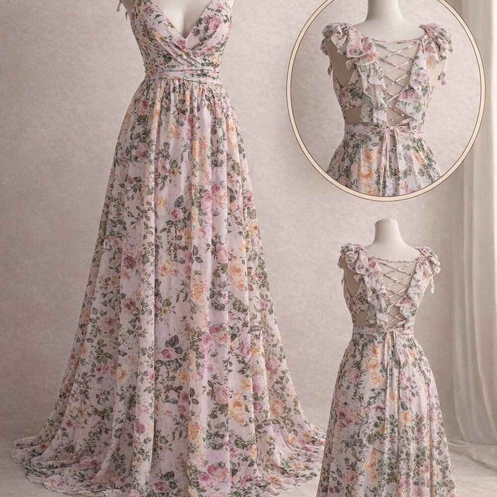Floral Maxi Dress, Deep V Backless Lace up